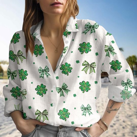 Discover Coquette Patrick's Day Bow Blouse Shirt, Patrick Day Casual Shirt, Shamrock Lucky Bow Women Blouses, Irish Patrick Day Shirt