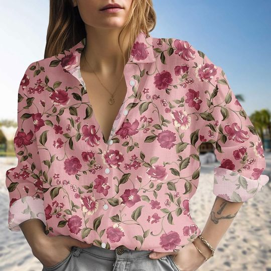 Discover Wildflowers Blouse Shirt, Pink Floral Women Shirt, Cottagecore Casual Shirt, Garden Lover Gift, Gift For Her