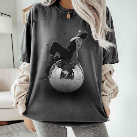 Discover Harry Kiss All The Time Shirt, Disco Occasionally Tee, Seated Side View on a Disco Ball Gift