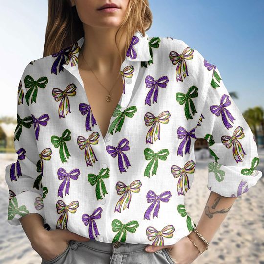 Discover Preppy Mardi Gras Blouse Shirt, Mardi Gras Women Shirt, Fleur De Lis Coquette Casual Shirt, Mardi Gras Louisiana Shirt