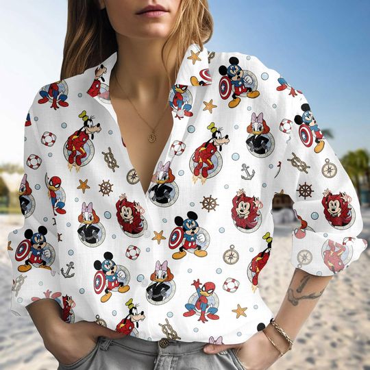 Discover Mickey Marvel Blouse Shirt, Disney Linen-look Shirt, Superhero Button Down Blouse, Cartoon Vacation Shirt, Holiday Gift