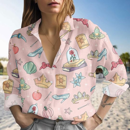 Discover Disney Princess Blouse Shirt, Fairytale Linen-look Shirt, Storybook Button Down Blouse, Adventure Vacation Shirt, Gift for Her