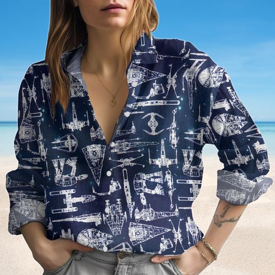 Discover Star Wars Battleships Blouse Shirt, Sci-Fi Graphic Top, Galactic Battle Blouse Shirt, Star Wars Shirt, Disney Star Wars Blouse Shirt