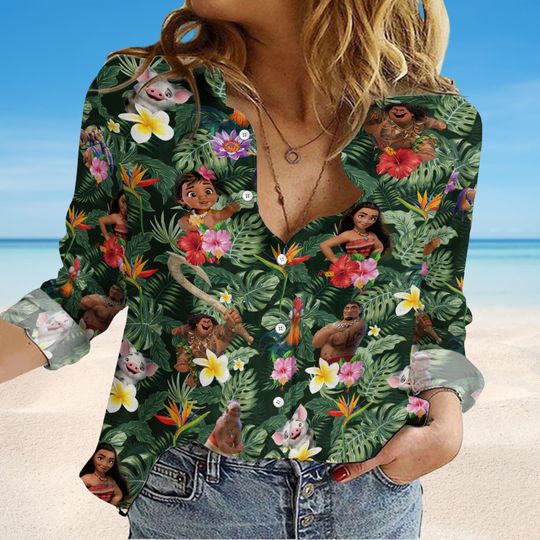 Discover Moana Blouse Shirt, Tropical Disney Princess Top, Ocean Island Vibes Blouse Shirt, Cute Moana Button Down, Vacation Aesthetic Outfit