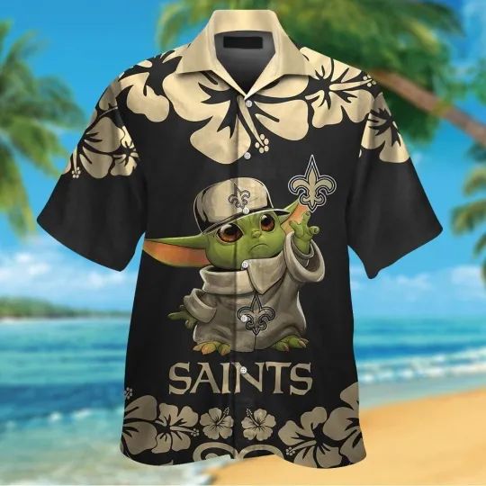 Discover New Orleans Saints Baby Yoda Short Sleeve Button Up Tropical Hawaiian Shirt