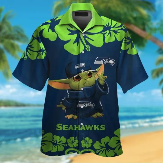 Discover Seattle Seahawks Baby Yoda Short Sleeve Button Up Tropical Hawaiian Shirt
