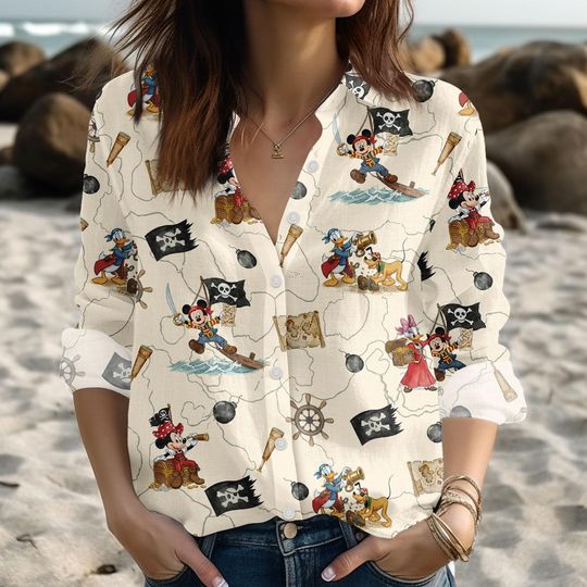 Discover Pirate Mickey Friends Blouse Shirt, Disney Cruise Women Shirt, Mickey Cruise Summer Shirt, Mickey Pirate Linen-Look Shirt, Gift For Her