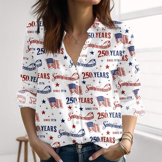 Discover USA 250th Anniversary Linen-Look Shirt, Semiquincentennial Blouse Shirt, Retro American Flag 1776 Women Shirt, 4th of July Casual Shirt