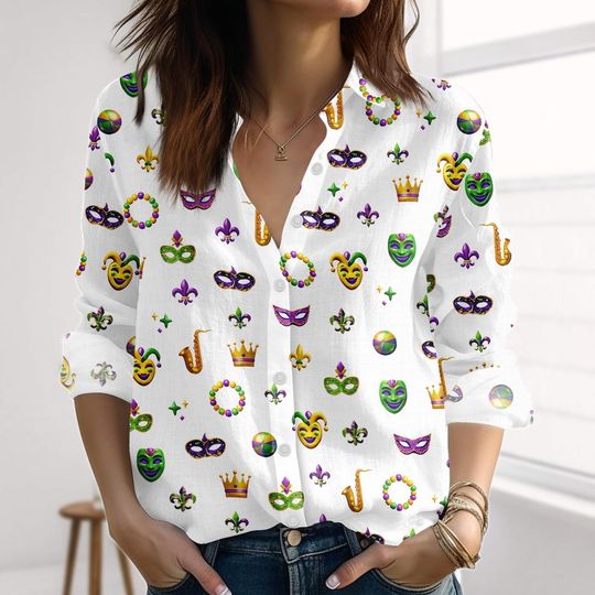 Discover Mardi Gras Carnival Linen-Look Shirt, Mardi Gras Purple Green Gold Women Shirt, Louisiana Festival Party Blouse Shirt, Holiday Button