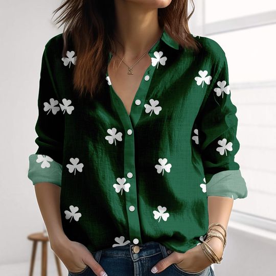 Discover Shamrock Irish Three Leaf Clover Linen-Look Shirt, St Patricks Day Blouse Shirt, Dark Green Irish Clover Women Shirt, Festival Shirt