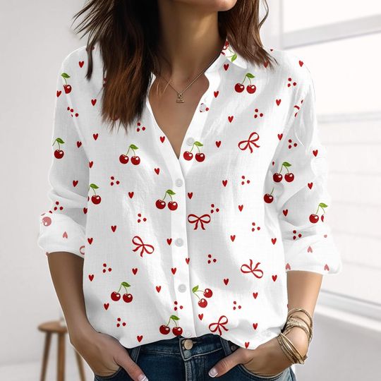 Discover Cherry Heart Valentine Linen-Look Shirt, Cute Red Cherry Women Shirt, Valentine Aesthetic Top, Casual White Button Shirt Gift for Her