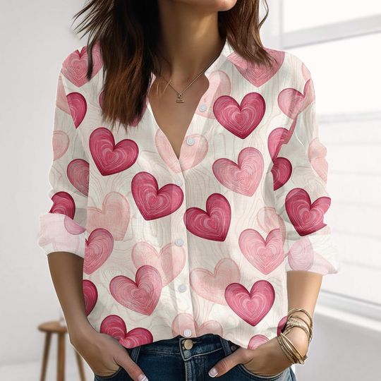 Discover Vintage Valentine Heart Linen-Look Shirt, Valentine's Day Shirt For Woman, Big Red Pink Heart Blouse Shirt, Be Love Mine Button Shirt