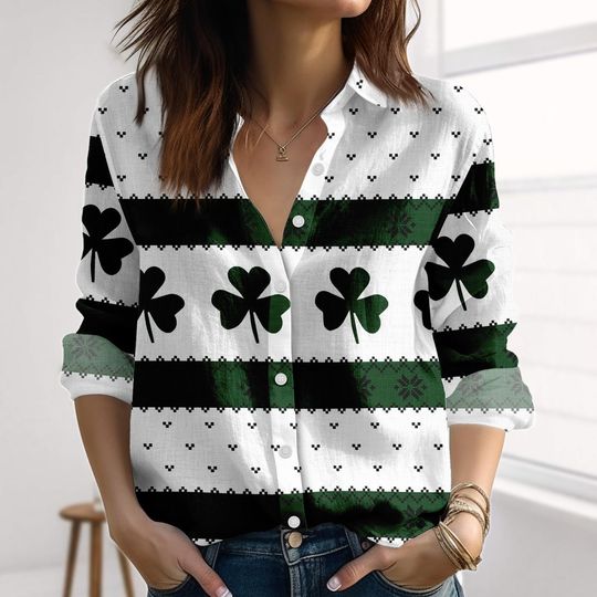 Discover Shamrock St Patricks Day Linen-Look Shirt, Irish Clover Blouse Shirt, Green Stripe Lucky Women Shirt, Festive Casual Outfit For Her