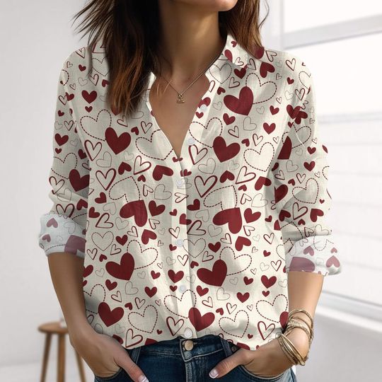 Discover Valentine Day Heart Linen-Look Shirt, Retro Valentine Casual Shirt, Red Hearts Blouse Shirt, Love Romantic Long Sleeve Shirt For Her