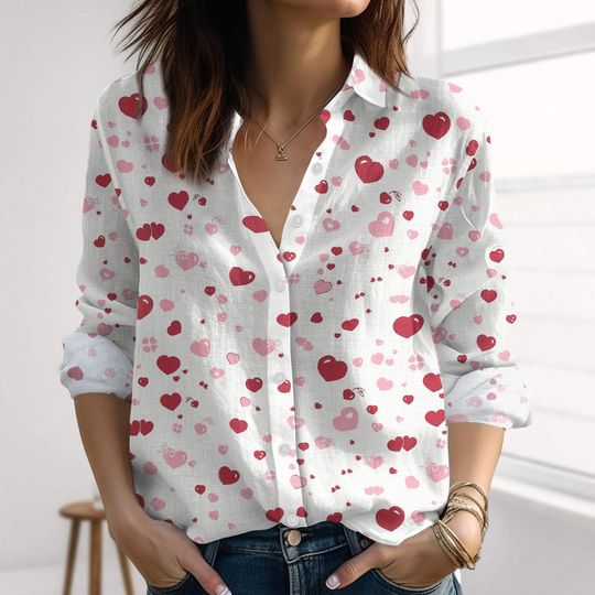 Discover Love Heart Linen-Look Shirt, Valentine's Day Shirt For Woman, Valentine Coquette Shirt, Love You Cherry Much Blouse Shirt, Gift For Her