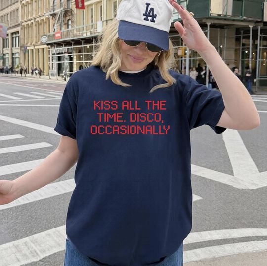 Discover Kiss All The Time Disco Occasionally Tee, Retro Quote T Shirt, Minimal Typographic Shirt, Unisex Graphic Tee, Disco Gift