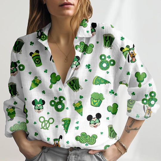 Discover Disney St Patrick's Day Linen-Look Shirt, Mickey and Friends St Patricks Women Shirt, Disney Lucky Shamrock Blouse Shirt, Holiday Gifts