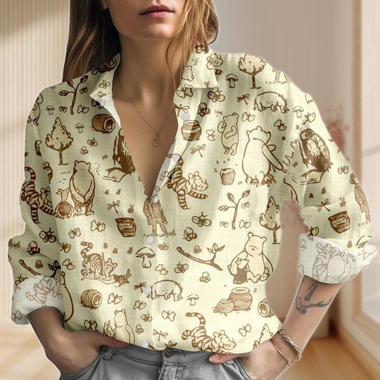 Discover Vintage Winnie The Pooh 100th Linen-Look Shirt, Pooh And Friends Women Shirt, Bear Blouse Shirt, Disneyland Trip Button Shirt For Her