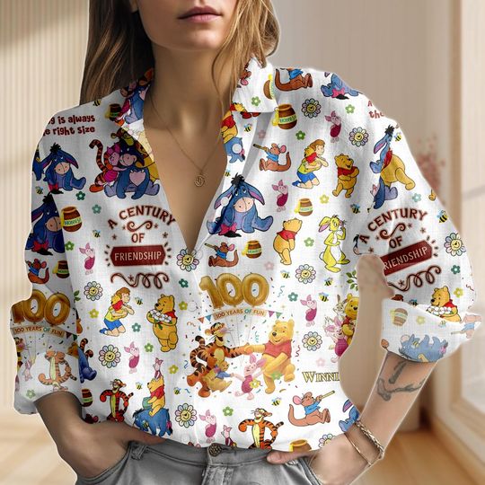 Discover Winnie The Pooh 100th Anniversary Linen-Look Shirt, Pooh And Friends Women Shirt, Bear Blouse Shirt, Disney Friendships Casual Shirt