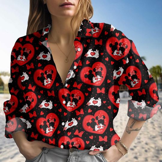 Discover Disney Valentine Mickey And Minnie Blouse Shirt, Disney Trip Couple Shirt, Magic Kingdom Button Shirt For Women