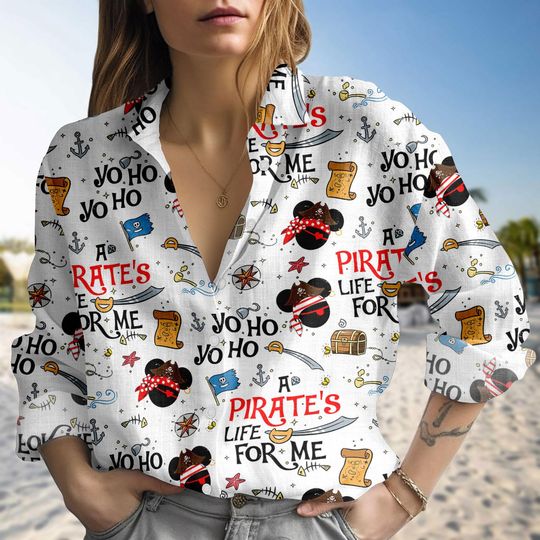 Discover Pirate's Life Blouse Shirt, Cartoon Pirate Linen-look Shirt, Pirate Adventure Button Down Blouse, Disney Vacation Shirt, Holiday Gift