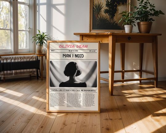 Discover Olivia Dean Poster: Man I Need, Lyrical Poster, Newspaper Poster Music, Music Decorative Wall Art, Olivia Dean Art, Olivia Dean Print