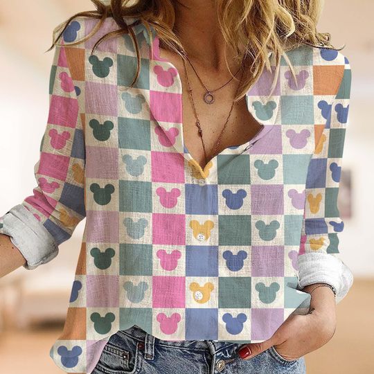 Discover Retro Disney Checkered Women Blouse, Disney Trip Button Shirt