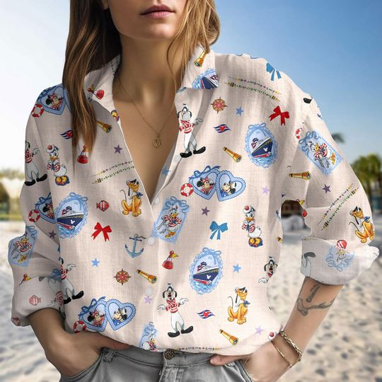 Discover Disney Cruise Blouse Shirt, Mickey And Friends Cruise Blouse Shirt, Disney Cruise Linen-look Shirt, Disney Nautical Mickey Blouse Shirt