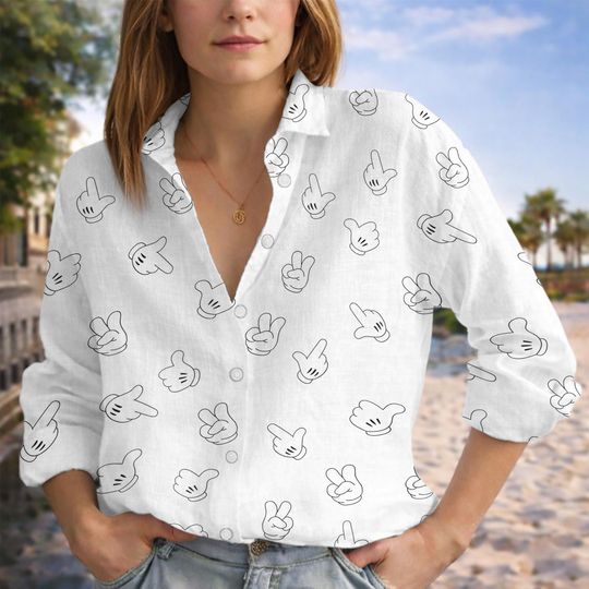 Discover Mic-key Hand Linen Shirt, Cartoon Mouse Pattern Button Up, Women Casual Blouse, Dis-ney Trip Shirt