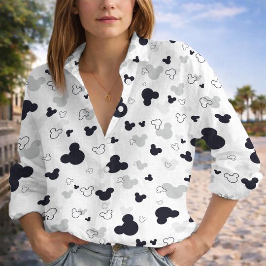 Discover MK Mouse Pattern Linen Shirt, Cartoon Button Up Shirt, Casual Women Blouse, Dis-ney Trip Shirt, Magic Kingdom Hawaiian