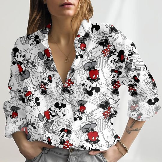 Discover Vintage Mickey Minnie Linen-Look Shirt, Disneyland Trip Women Shirt, Cute Mickey Blouse Shirt, Funny Mouse Casual Shirt For Her