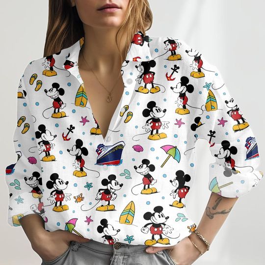 Discover Mickey Mouse Cruise Linen-Look Shirt, Mickey Pirates Women Shirt, Disney Cruise 2026 Blouse Shirt, WDW Cruise Family Casual Shirt
