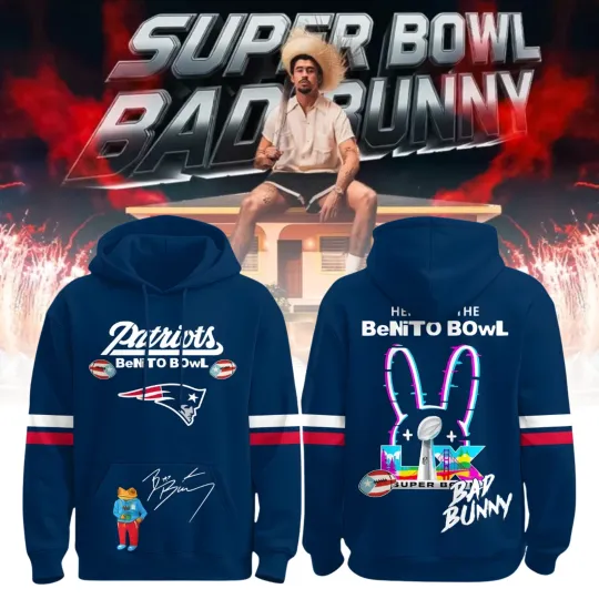 Patriotss Super B.owl x Bad Bunny Hoodie 2026 N.F.L Hoodie Navy
