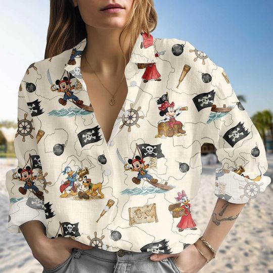 Discover Disney Pirate Blouse Shirt, Mickey Minnie Linen-look Shirt, Goofy Button Down Blouse, Pirate Vacation Shirt, Holiday Gift