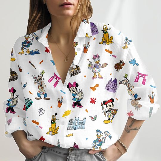 Discover Disney Epcot International Festival Linen-Look Shirt, Mickey And Friends Figment Artist Women Shirt, WDW Family Trip 2026 Blouse Shirt
