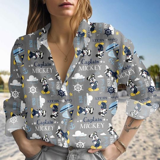 Discover Mickey Mouse Blouse Shirt, Disney Captain Linen-look Shirt, Nautical Button Down Blouse, Mickey Vacation Shirt, Holiday Gift