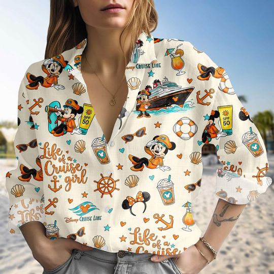Discover Disney Cruise Line Blouse Shirt, Minnie Mouse Linen-look Shirt, Nautical Button Down Blouse, Vacation Shirt, Birthday Gift