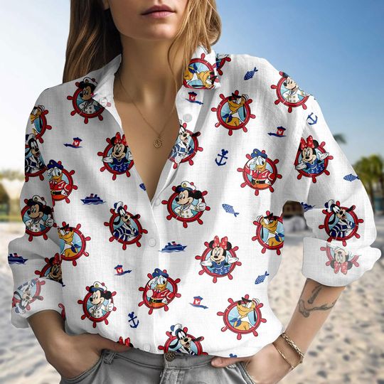 Discover Mickey Mouse Blouse Shirt, Disney Mickey Linen-look Shirt, Nautical Button Down Blouse, Minnie Vacation Shirt, Holiday Gift