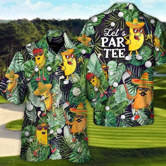Discover Taco Playing Golf Let's Par Tee Palm Leaves Hawaiian Shirt, Taco Shirt Short Sleeve Button Down Shirt Outfit, Aloha Summer Beach Shirt