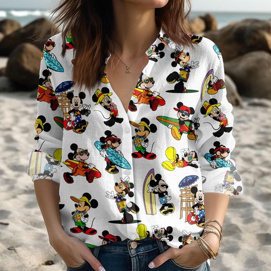 Discover Mickey Surfing Blouse Shirt, Disney Mouse Women Shirt, Cartoon Movie Casual Shirt, Gift For Her
