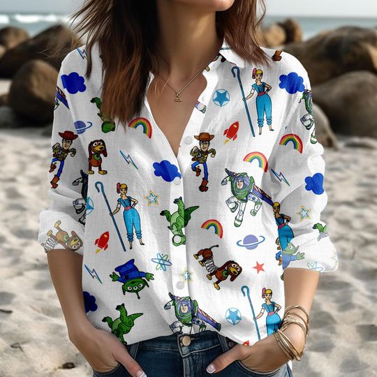 Discover Toy Story Bo Peep Woody Buzz Lightyear Alien Blouse Shirt, Disney Women Shirt, Magic Kingdom, Linen-Look Shirt,Disneyworld Gift For Her