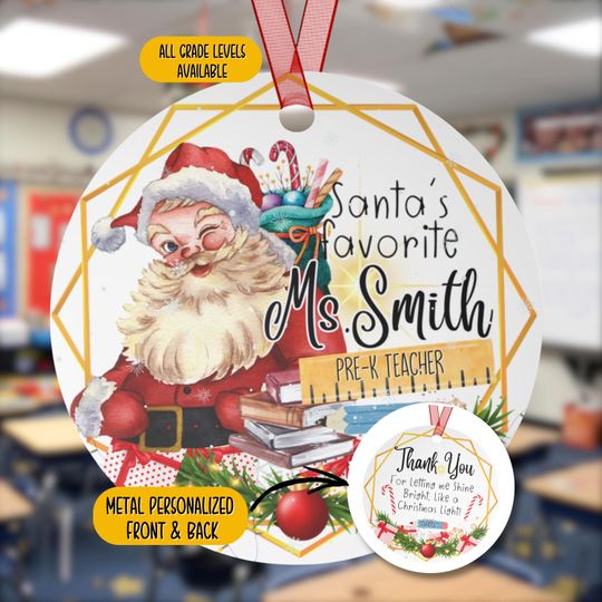 Personalized Prek Teacher Christmas Metal Ornament, Santa's Favorite Elementary Pre Kindergarten Teacher Appreciation Custom Ornament Gift