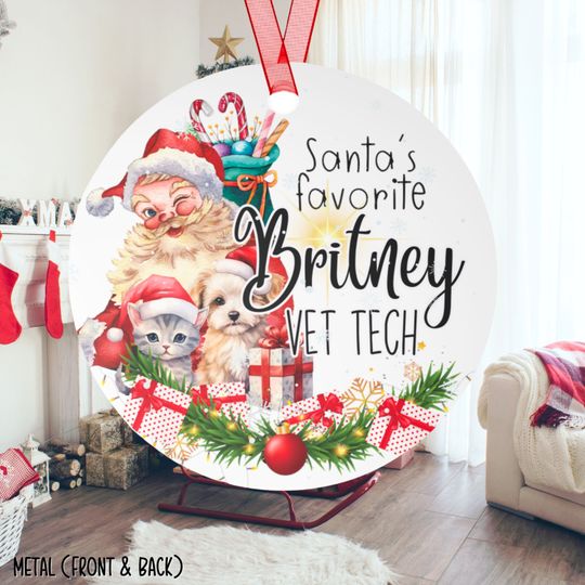 Personalized Veterinary Christmas Glass Ornament, Santa's Favorite Vet Tech Ornament, Animal Pet Lover Christmas Metal Ornament Gift