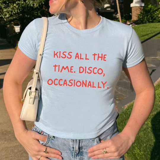 Discover Kiss All The Time Disco Tee, Retro Disco Quote Baby Tee, Trendy Aesthetic Graphic Shirt, Fun Music Vibe Top