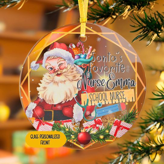 Personalized School Nurse Christmas Glass Ornament, Santa's Favorite School Nurse Appreciation Custom Ornament Gift, Thank You Keepsake