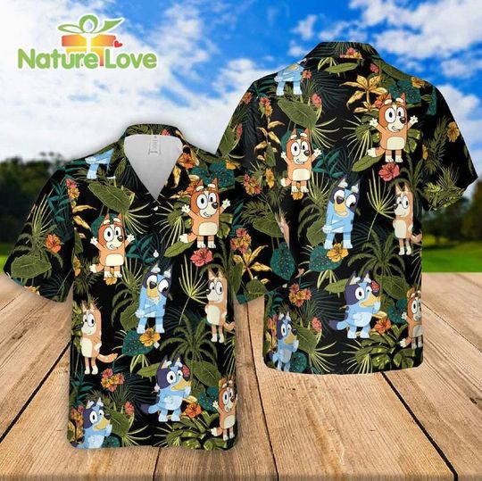 Discover Blue Dog Hawaiian Flowers Pattern Shirt, Dad Life Shirt Short Sleeve Button Down Shirt Outfit, BlueyDad Aloha Summer Beach Shirt