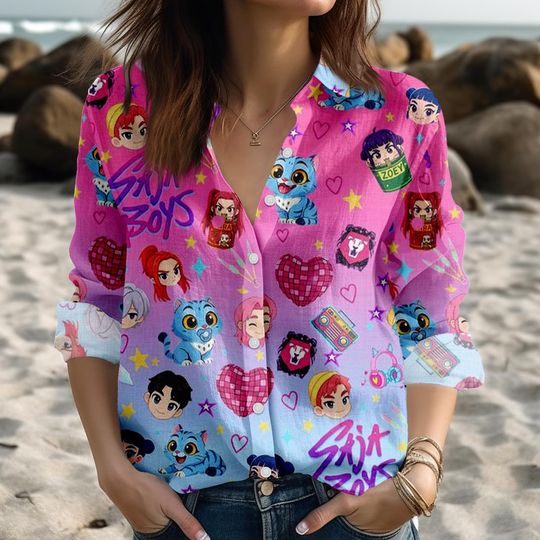 Discover Saja Boys Cartoon Blouse Shirt, Pink Blue Linen Look Button Up Top, Long Sleeve Loose Fit Casual Shirt, Cute Kpop Style Character Outfi
