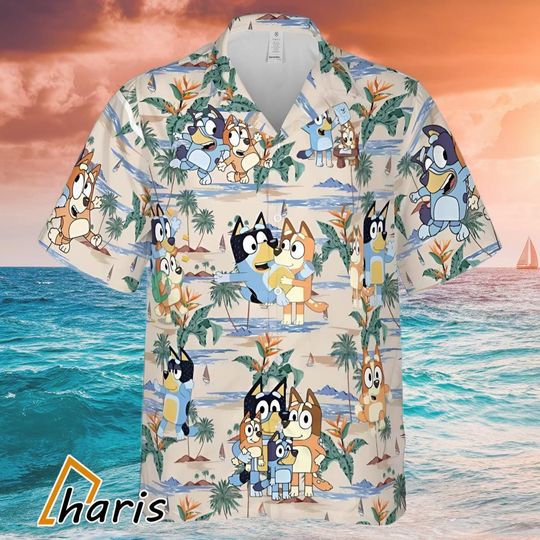 Blue Dog Hawaiian Flowers Pattern Shirt,Dad Life Shirt Short Sleeve Button Down Shirt Outfit, BlueyDad Aloha Summer Beach Shirt