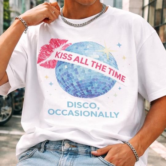 Discover Kiss All The Time Disco Occasionally Tee, Retro 70s Aesthetic Crop Top, Vintage Pop Star Graphic, Unisex Tshirt, Sweatshirt, Hoodie