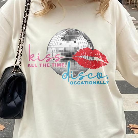 Discover Kiss All The Time Disco Occasionally T-Shirt, Retro Disco Shirt, Fun Graphic Tee, Music Lover Shirt, Funny Party T-Shirt Retro Style Apparel